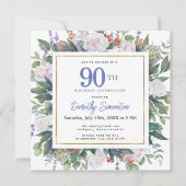 ブルー ホワイト ゴールド フローラル 90歳 誕生日 スクエア 招待状 (正面)