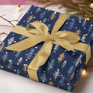 ブルー ホワイト ゴールド 抽象的クリスマスツリー ラッピングペーパー