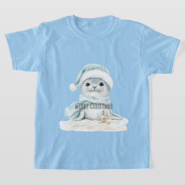 ブルー ホワイト サンタ 帽子 マフラー アザラシ クリスマス Tシャツ