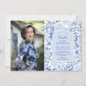 ブルー ホワイト シノワズリー フラワーデザイン 50歳 誕生日写真 招待状 (正面)
