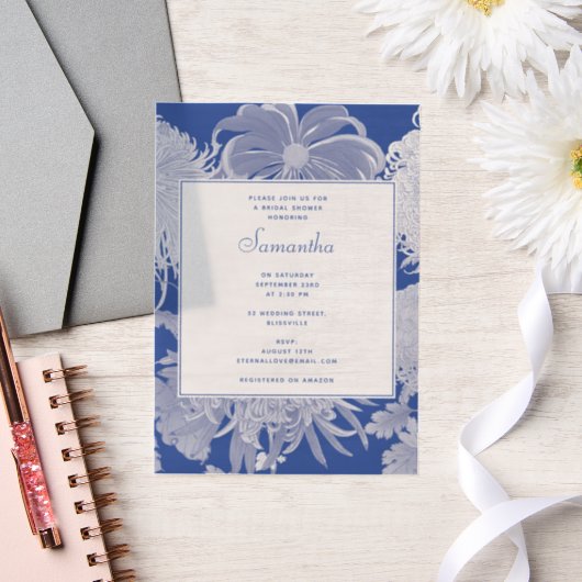ブルー ホワイト シノワズリー フラワーブライダルシャワー ベラム紙招待状 (ウェディング)