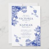 ブルー ホワイト シノワズリー フローラル フォト ウェディング 招待状 (正面)