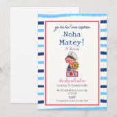 ブルー＆ホワイト ストライプ ネイビー 1歳誕生日 招待状 (正面/裏面)