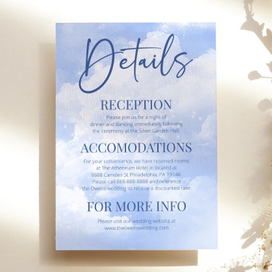 ブルー ホワイト スパークル クラウズ エレガント ウェディング 詳細 エンクロージャーカード