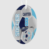 ブルー、ホワイト、ダークブルーのパーソナライズされたサッカー⚽ オーナメント (正面)