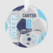 ブルー、ホワイト、ダークブルーのパーソナライズされたサッカー⚽ オーナメント (正面)