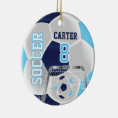 ブルー、ホワイト、ダークブルーのパーソナライズされたサッカー⚽ セラミックオーナメント (右)