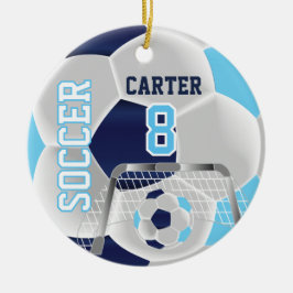 ブルー、ホワイト、ダークブルーのパーソナライズされたサッカー⚽ セラミックオーナメント