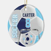ブルー、ホワイト、ダークブルーのパーソナライズされたサッカー⚽ セラミックオーナメント (左)