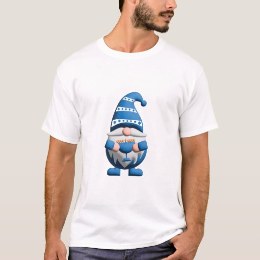 ブルー ホワイト ハヌカのノーム メノラーを保持 Tシャツ (正面)