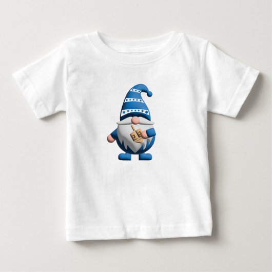 ブルー ホワイト ハヌカのノーム dreidelを持つ ベビーTシャツ (正面)