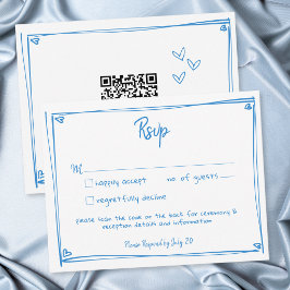 ブルー ホワイト ハンドドローンハート 遊び心のある結婚式QR 出欠カード