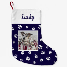 ブルー+ホワイト+パウのカスタム犬の写真入り 名前入り スモールクリスマスストッキング