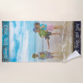 ブルー ホワイト ビーチ ウッド テキスト フォト フレーム ビーチタオル (正面)