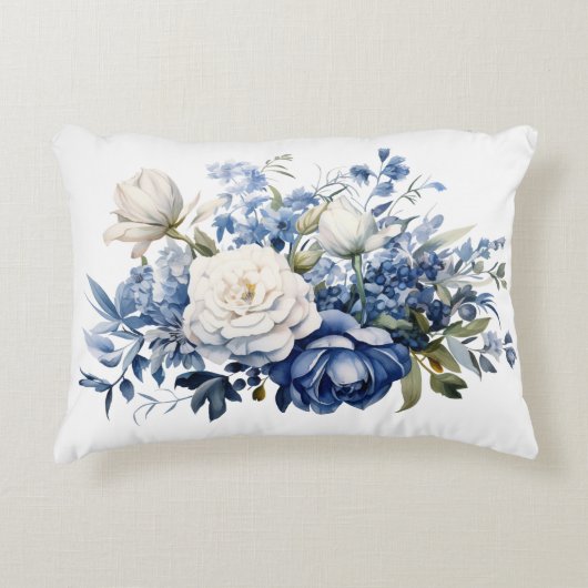 ブルー ホワイト フラワーズ フラワーズ ウォーターカラー エレガント アクセントクッション (正面)