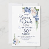 ブルー ホワイト フラワーディナー＆ドリンク 50歳の誕生日 招待状 (正面)