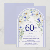 ブルー ホワイト フラワーボホー アーチ 60歳の誕生日パーティー 招待状 (正面/裏面)