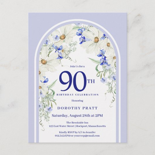 ブルー ホワイト フラワーボホー アーチ 90歳の誕生日パーティー ポストカード (正面)