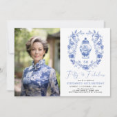 ブルー ホワイト フラワーポーセレン 50歳誕生日写真 招待状 (正面)