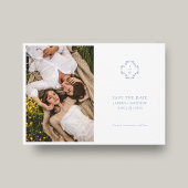 ブルー＆ホワイト フラワーモノグラム ウェディング フラットカード セーブザデート