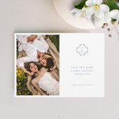 ブルー＆ホワイト フラワーモノグラム ウェディング フラットカード セーブザデート