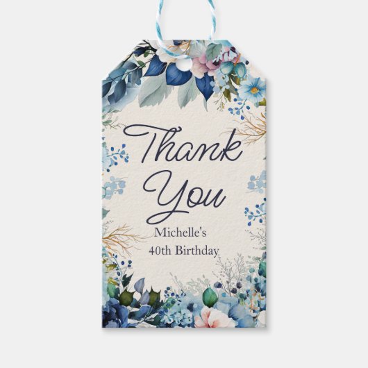 ブルー ホワイト フラワーレディース バースデー サンクス ギフトタグ (正面)