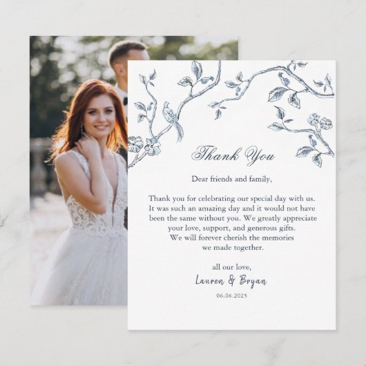 ブルー＆ホワイト フレンチ トワール ウェディング フラット サンキューカード (正面/裏面)