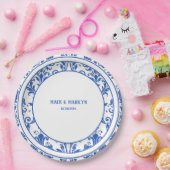 ブルー&ホワイト·フローラ·ダマスク·ウェディング·ディナー ペーパープレート (パーティー)