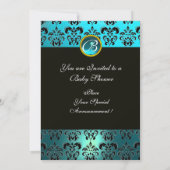 ブルー ホワイト ブラック ダマスク ベイビー シャワー モノグラム 招待状 (裏面)