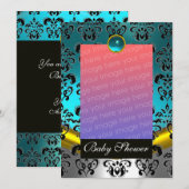 ブルー ホワイト ブラック ダマスク ベイビー シャワー モノグラム 招待状 (正面/裏面)