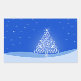 ブルー ホワイト メリークリスマス ツリー 星 夜灯 長方形シール