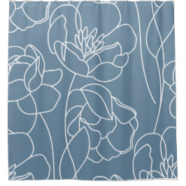 ブルー ホワイト モダン ワイルドフラワー シャワーカーテン