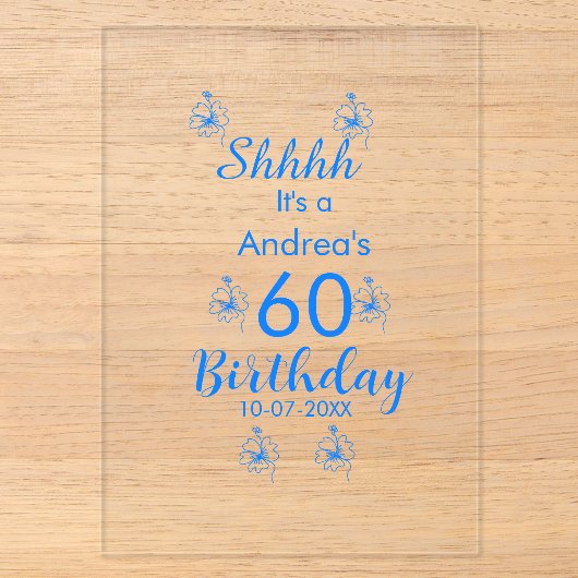 ブルー ホワイト モーブ shhhh 60歳の誕生日 フラワー 名前 アクリル招待状 (正面)