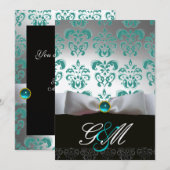 ブルー・ホワイト・リボン ブラック・ダマスク・モノグラム シャンパン 招待状 (正面/裏面)