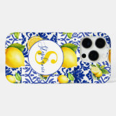 ブルー ホワイト レモン タイル柄 モノグラム 名前 シトラス Case-Mate iPhoneケース (裏面 (横))