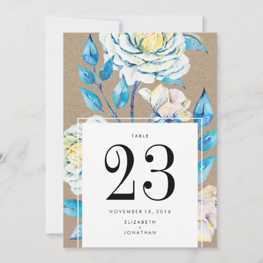 ブルー ホワイト ヴィンテージ クラフト ローズ ウェディング テーブル ナンバー 招待状 (正面)