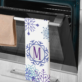 ブルー ホワイト 冬の雪の結晶 エレガント モノグラム キッチンタオル