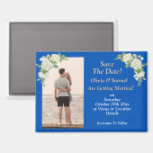 ブルー ホワイト 冷蔵庫用 Save The Date 写真 マグネット (正面/裏面)