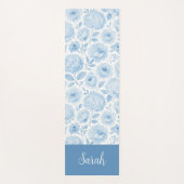 ブルー ホワイト 水彩 フラワー パターン オーダーメイド ネーム ヨガマット (正面)