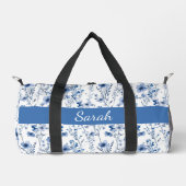ブルー ホワイト 水彩 花柄 モノグラム 名前 ダッフルバッグ (正面)