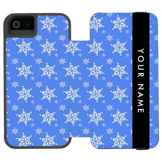 ブルー+ホワイト+雪の結晶+お名前+名入れ INCIPIO iPhoneウォレットケース (フォリオ Open)