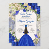 ブルー&ホワイトMis Quince 15 Anos Silver Crown 招待状 (正面/裏面)