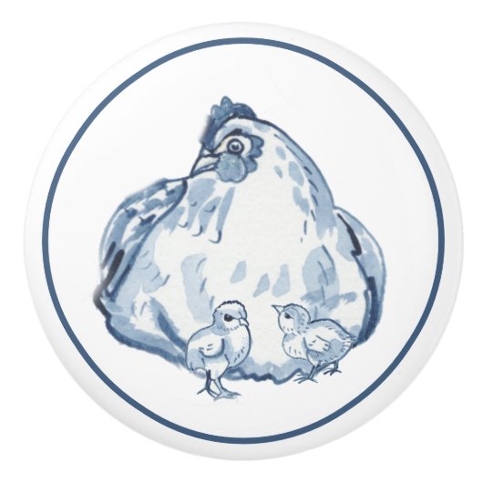 ブルー&ホワ素朴イトチキンヘンカントリーデルフト セラミックノブ (正面)