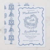 ブルー ボウ スイート 16 ハート コケッタ ケーキ バースデー 招待状 (正面/裏面)