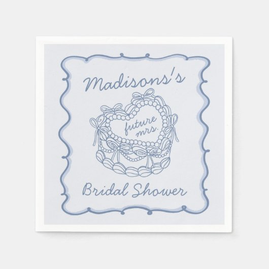 ブルー ボウ レトロ ハート コケッタ ケーキ ブライダル シャワー スタンダードカクテルナプキン (正面)