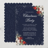 ブルー ボタニカル スノーフレーク 高級クリスマスパーティー 招待状 (正面/裏面)
