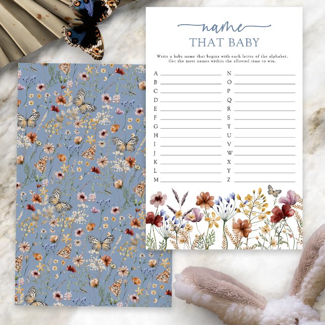 ブルー・ボホベビー命名ゲーム (Dusty Blue Boho Floral Name That Baby Game Card with Butterfly by Painted Paperie
)