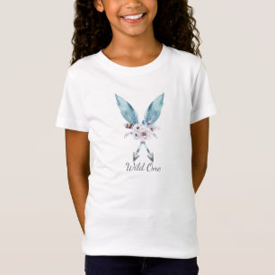 ブルー ボーホー ボヘミアンの矢 羽根 花柄の女の子 Tシャツ
