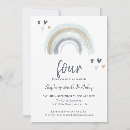 ブルー ボーホー レインボー 4歳 誕生日パーティー 招待状 (正面)