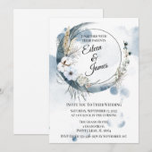 ブルー ボーホー 水彩 ハーフムーン ウェディング 招待状 (正面/裏面)